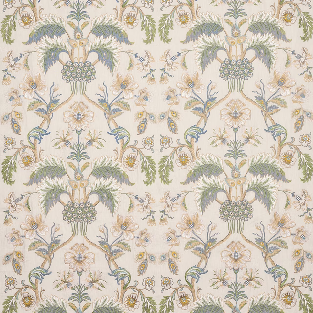 Cream floral fabric with pastel blue and sage botanical motifs