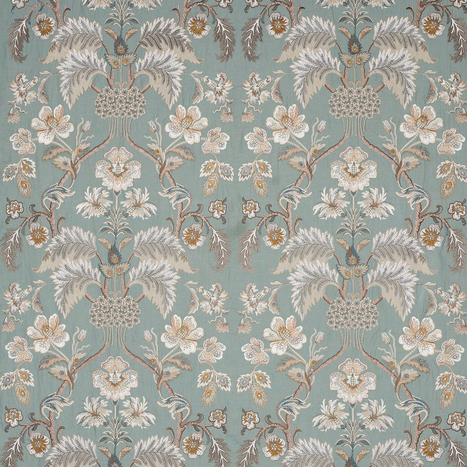 Blue-green floral patterned fabric with pale scrolling blossoms and leaves
