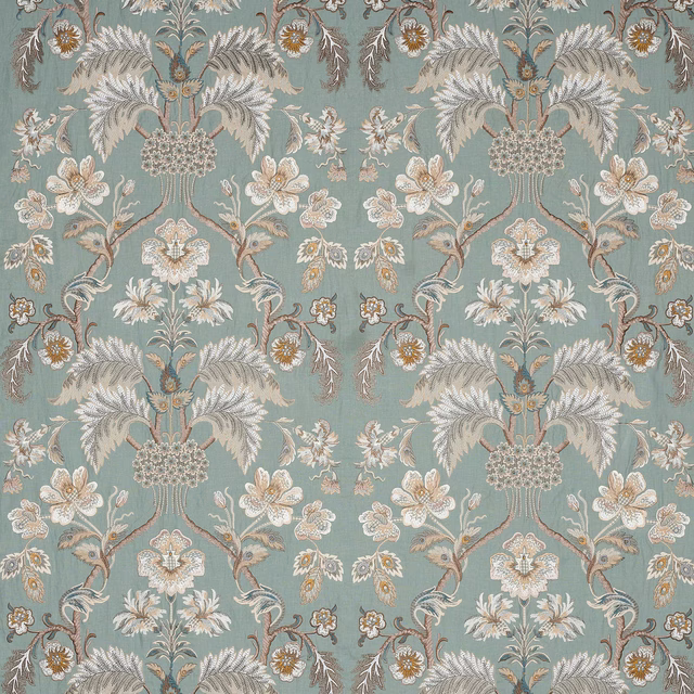 Blue-green floral patterned fabric with pale scrolling blossoms and leaves