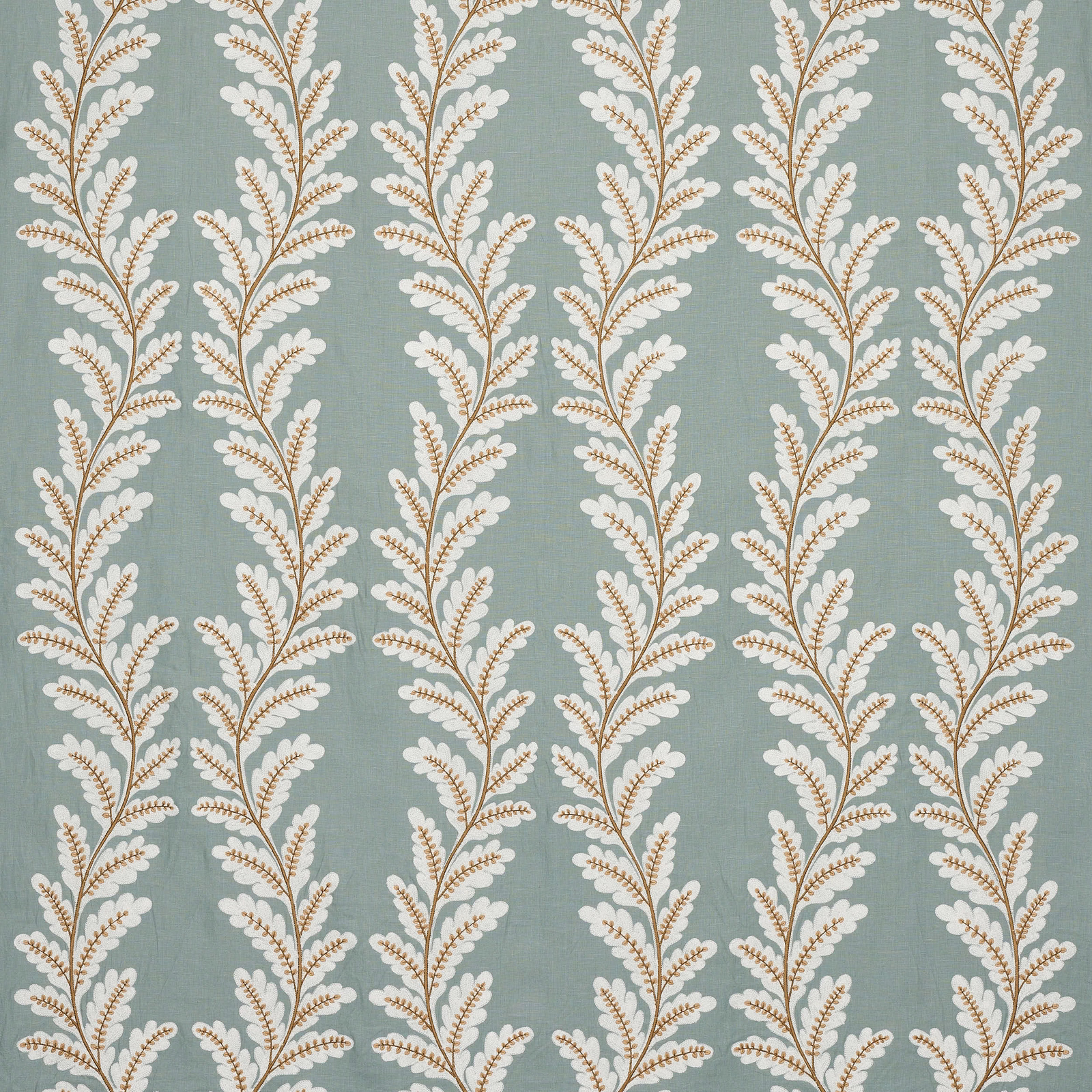 Pale blue fabric with trailing leaf motif in ivory and tan
