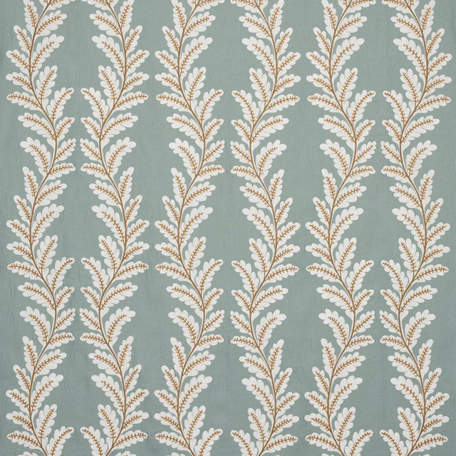 Pale blue fabric with trailing leaf motif in ivory and tan