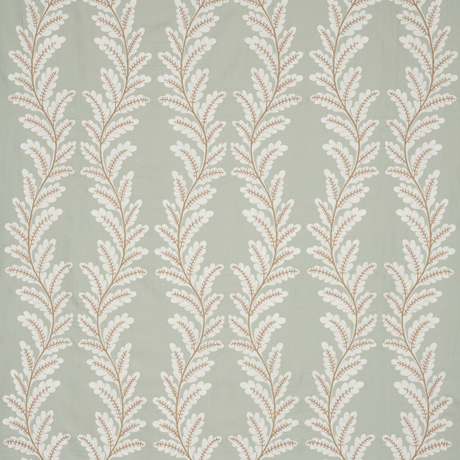 Pale aqua botanical fabric with trailing ivory and biscuit leaf motif