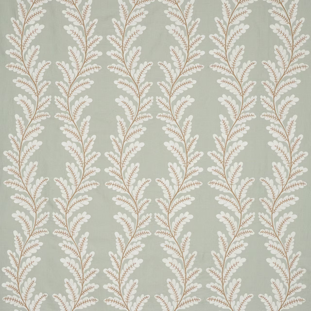 Pale aqua botanical fabric with trailing ivory and biscuit leaf motif