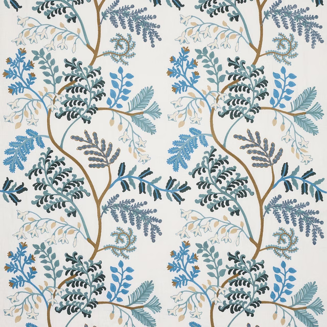 Large botanical fabric print in sky blue, teal and tan on a pale ground