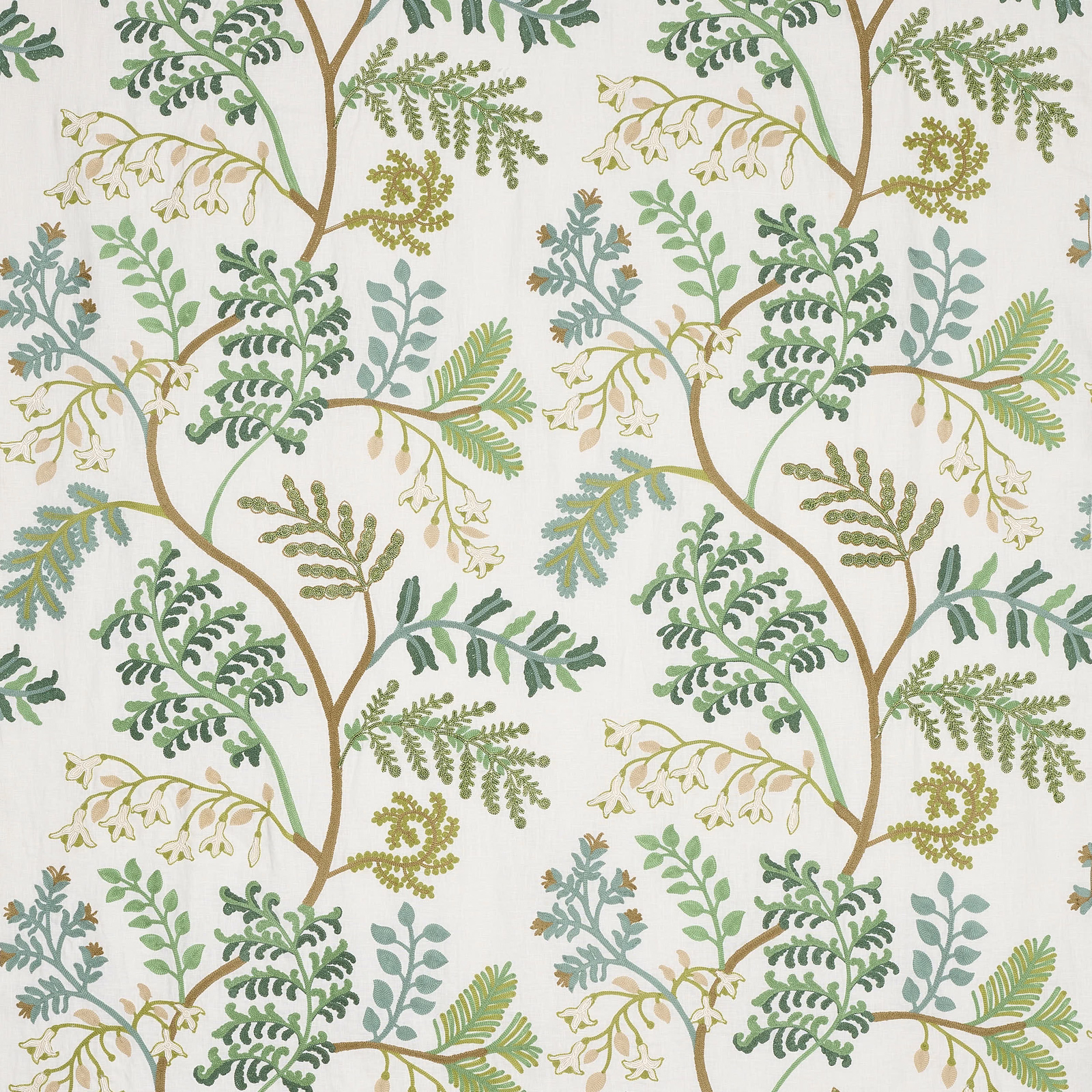 Botanical fabric swatch with sage green leaves and brown stems on a pale ground