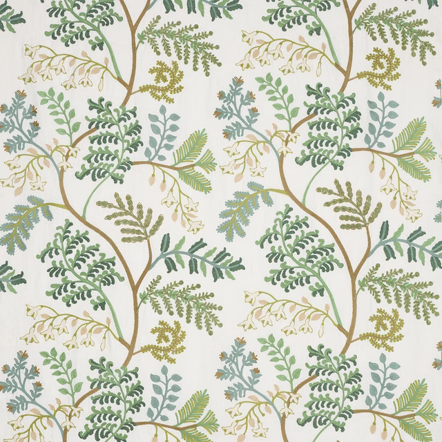 Botanical fabric swatch with sage green leaves and brown stems on a pale ground