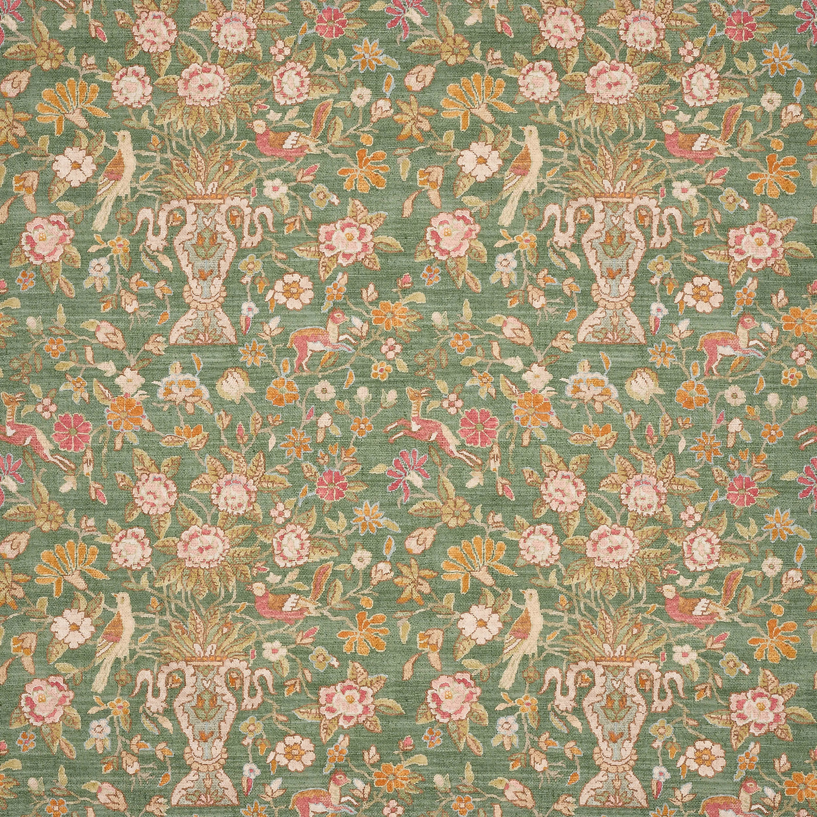 Green linen fabric with floral, bird and urn motifs in pink, cream and ochre