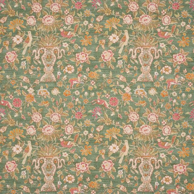 Green linen fabric with floral, bird and urn motifs in pink, cream and ochre