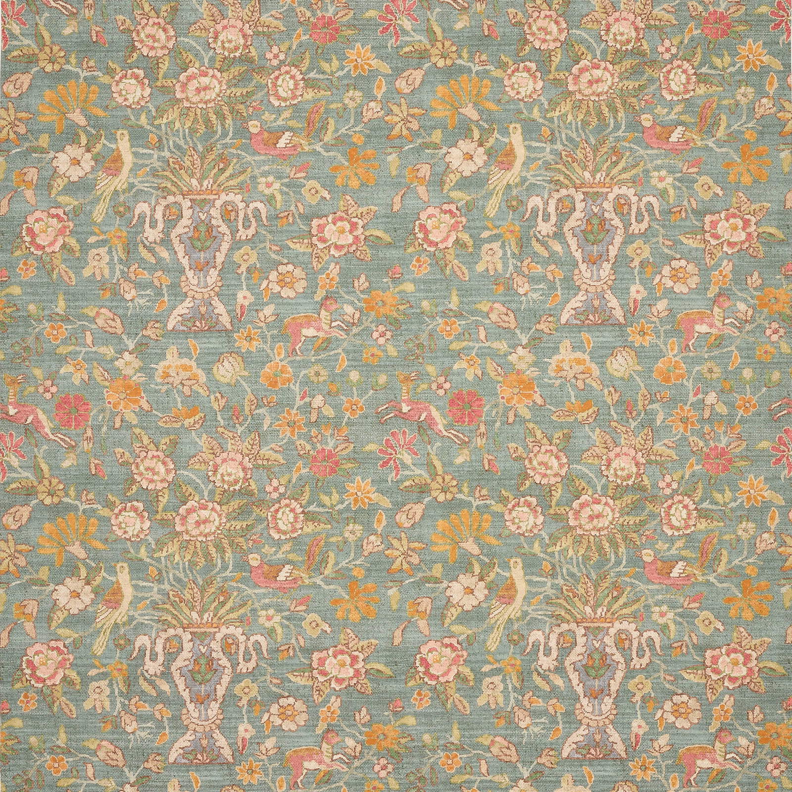 Jade teal linen fabric with floral, bird and urn motifs in soft pink and gold