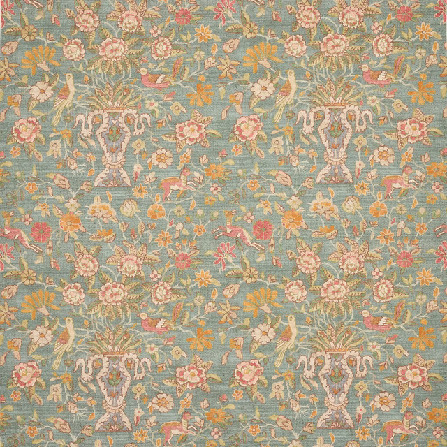 Jade teal linen fabric with floral, bird and urn motifs in soft pink and gold