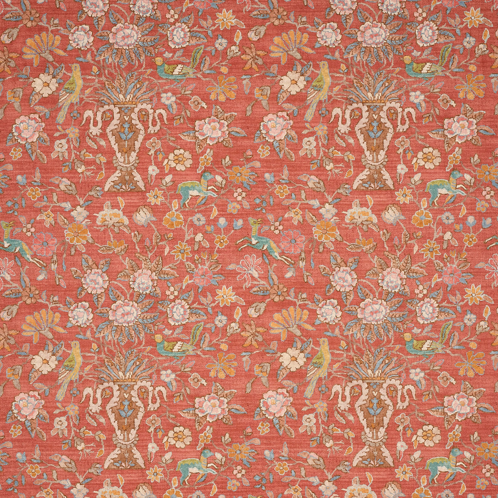 Coral-red floral linen swatch with cream, pink, teal and gold motifs