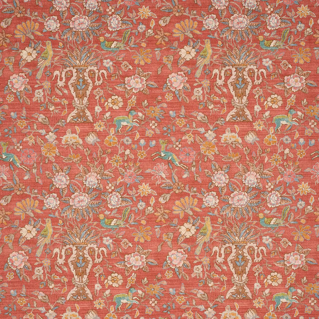 Coral-red floral linen swatch with cream, pink, teal and gold motifs