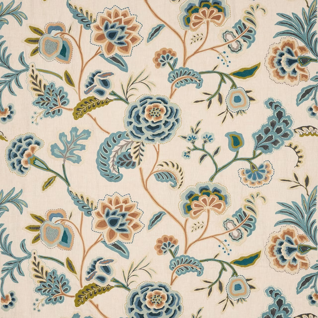 Cream ground fabric with large blue, teal and sienna floral motifs