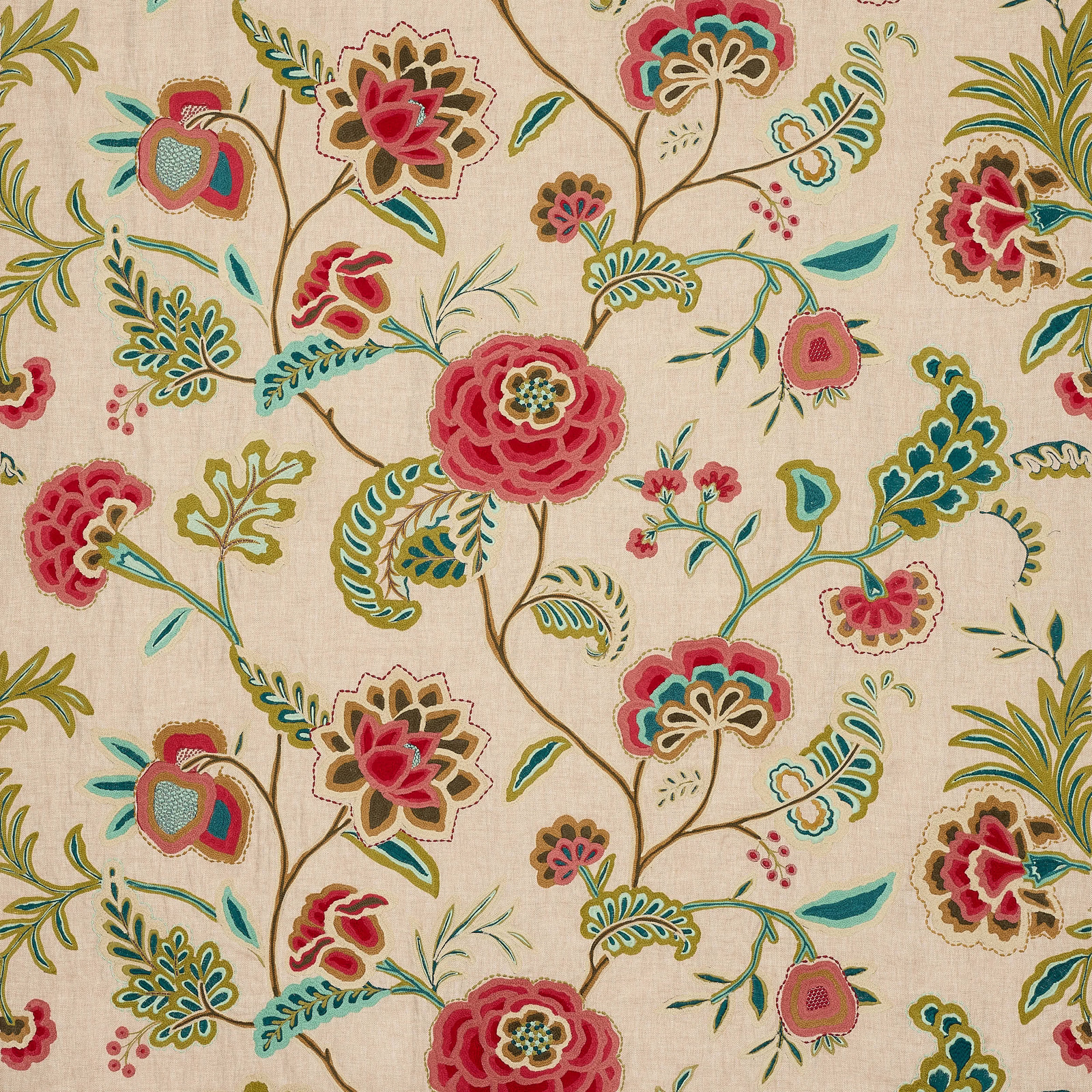 Cream floral fabric with coral red blooms, forest green stems and teal accents
