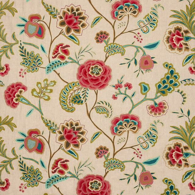 Cream floral fabric with coral red blooms, forest green stems and teal accents