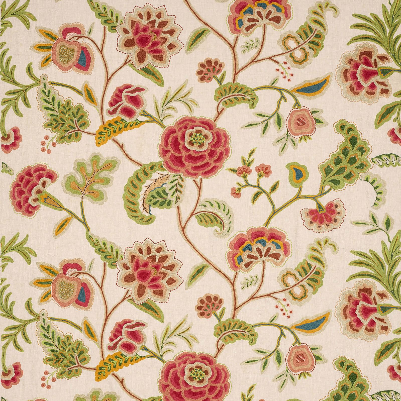 Cream ground floral fabric with tomato red blooms, green leaves and scrolling stems