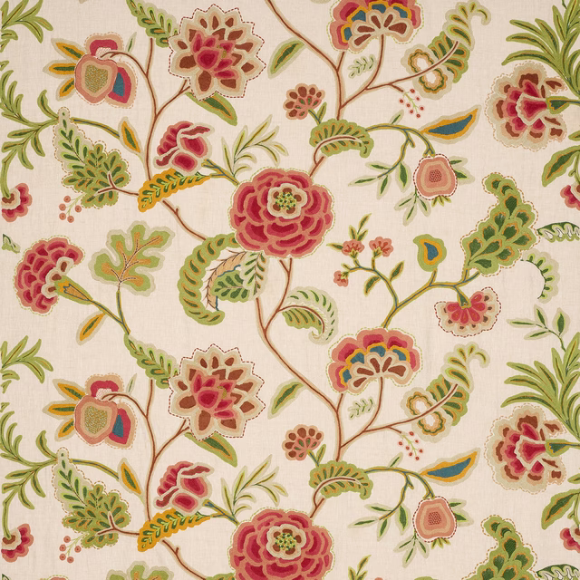 Cream ground floral fabric with tomato red blooms, green leaves and scrolling stems