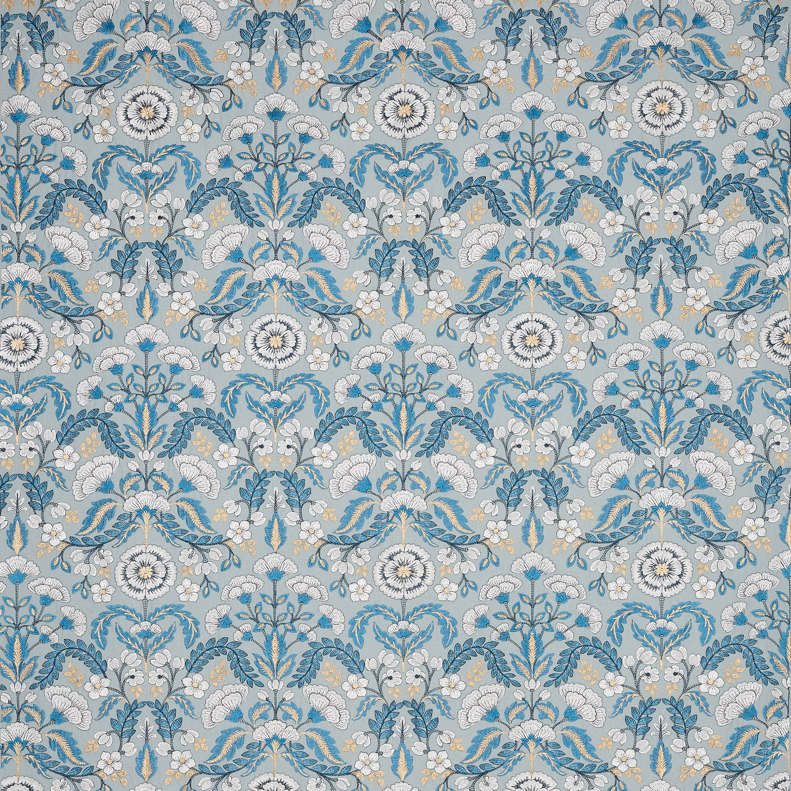 Blue and white floral woven fabric with teal leaves and grey ground