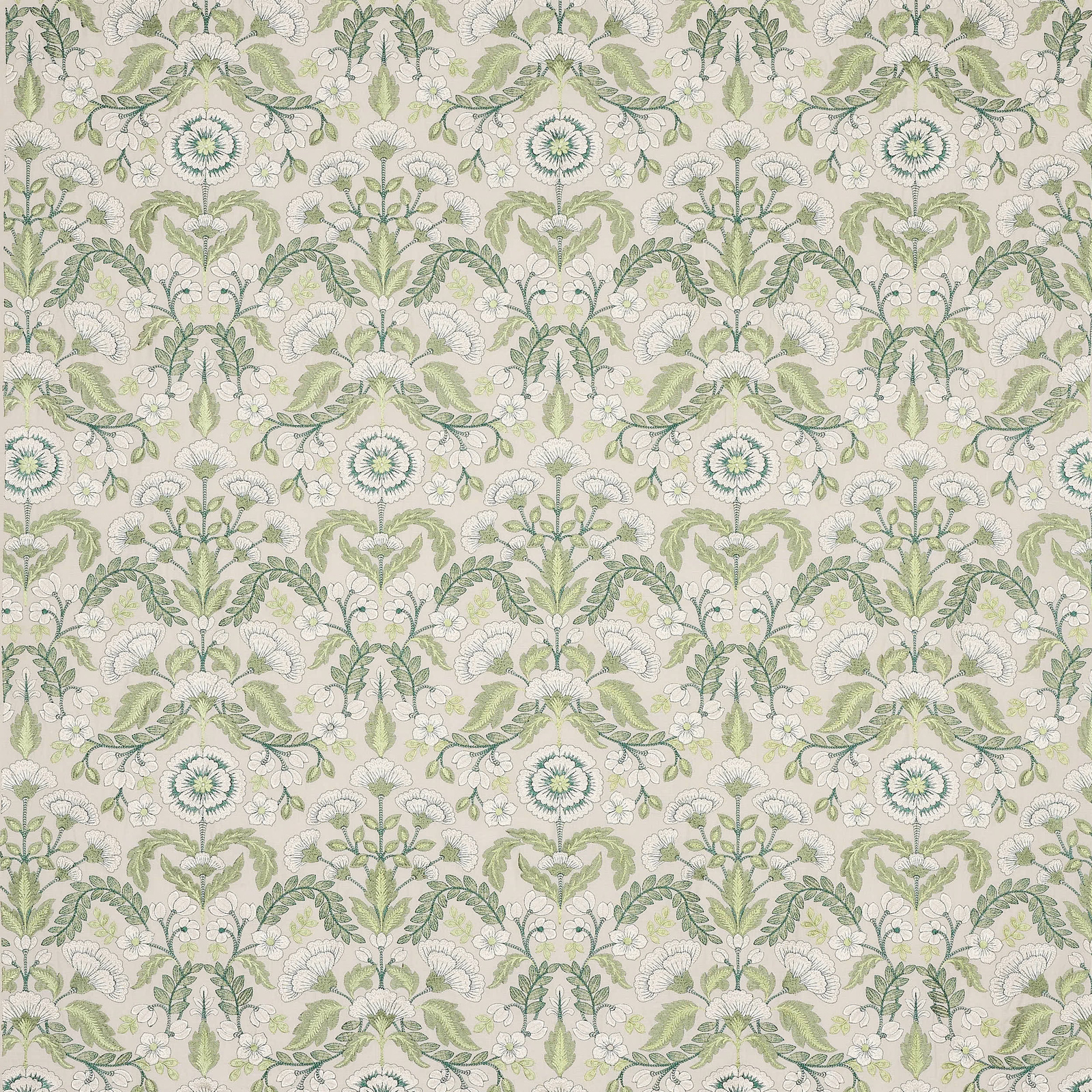 Pale green and cream damask fabric swatch with scrolling floral motifs