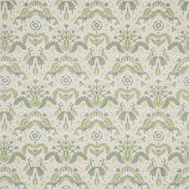 Pale green and cream damask fabric swatch with scrolling floral motifs
