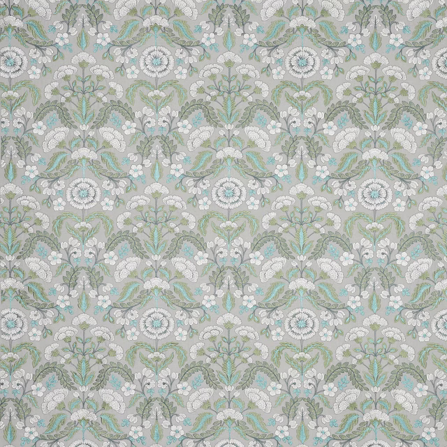 All-over floral fabric in soft old blue, ivory and aqua on a grey ground