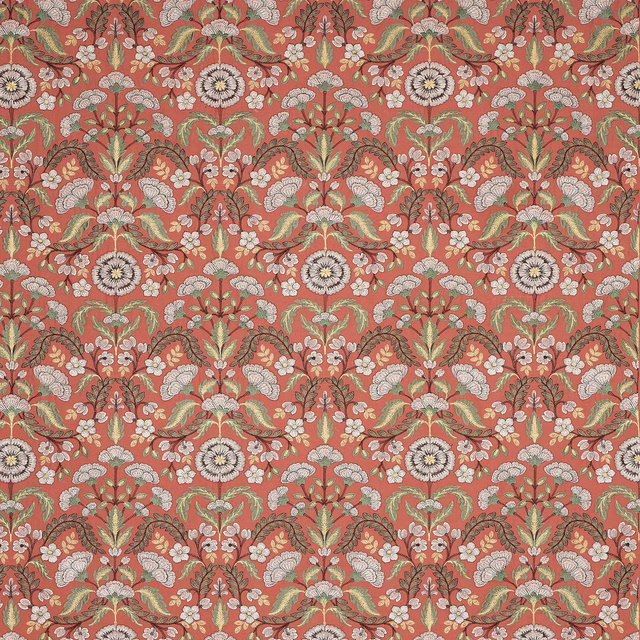 Coral-red floral fabric with cream blooms and muted green leaves