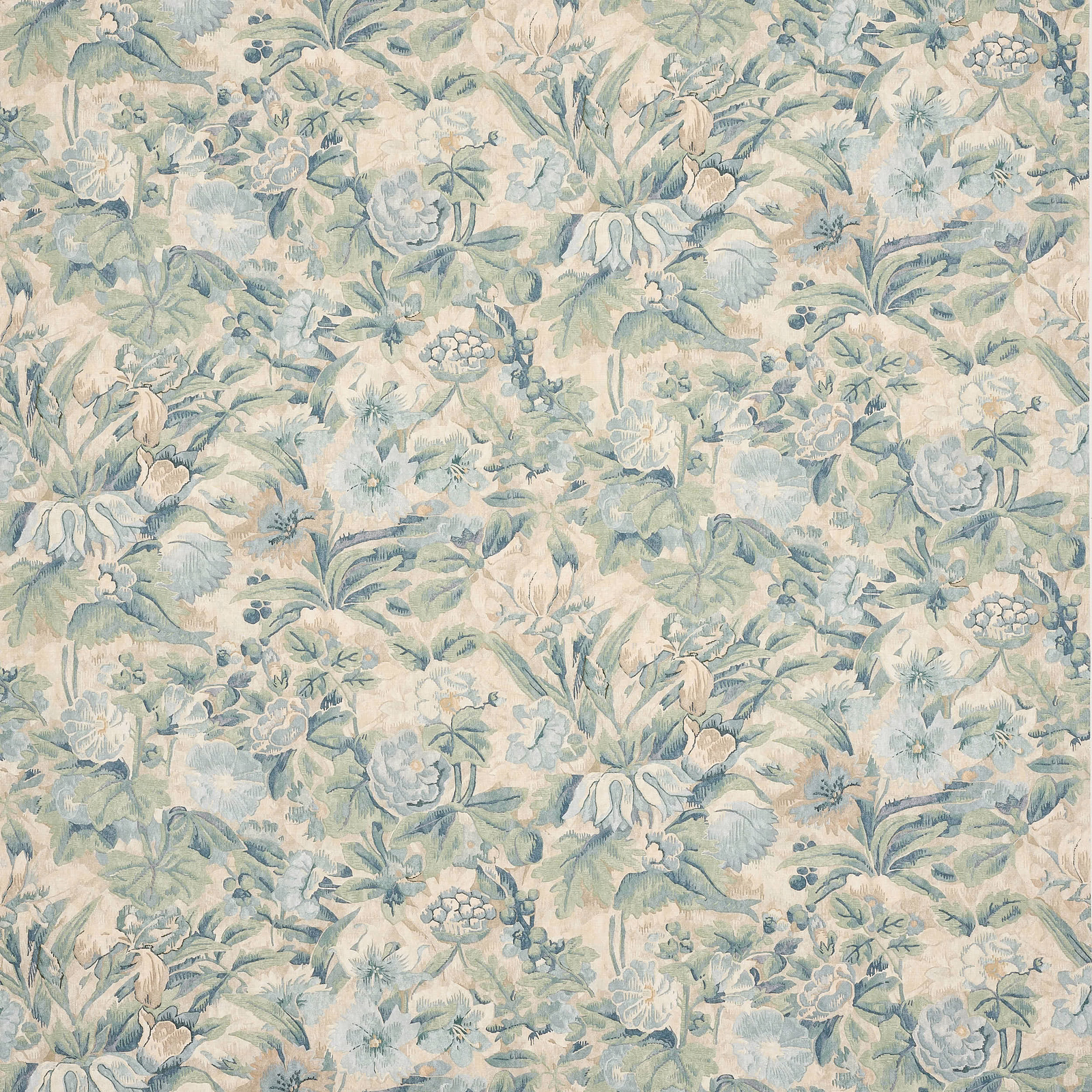 Soft blue-green floral linen with large painterly blooms and leafy repeat