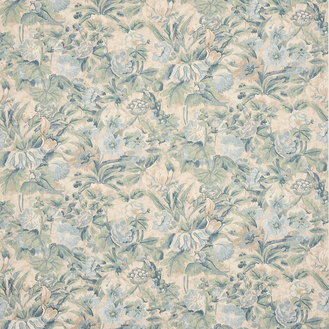 Soft blue-green floral linen with large painterly blooms and leafy repeat