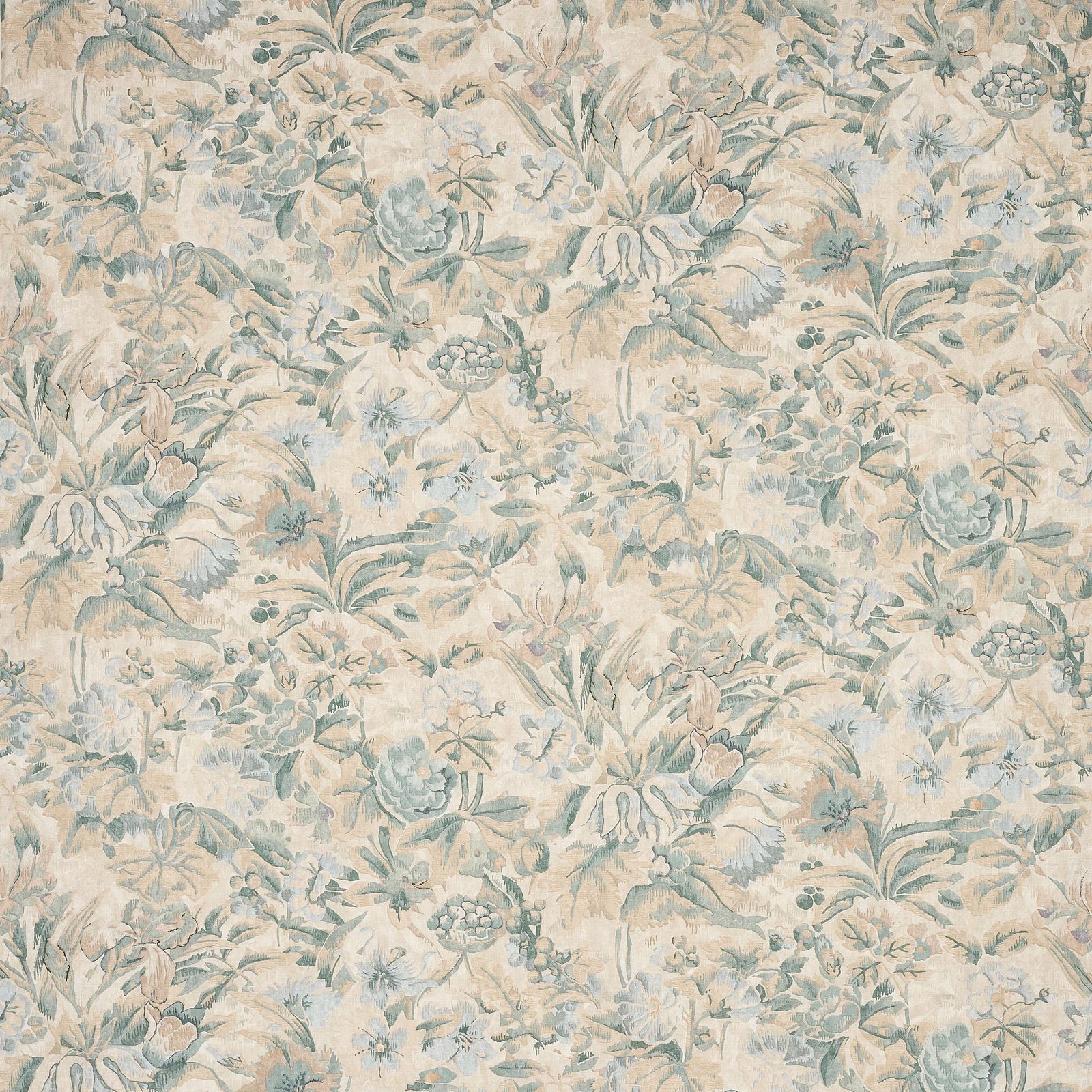 Pale blue and sage floral linen fabric on a warm ivory ground
