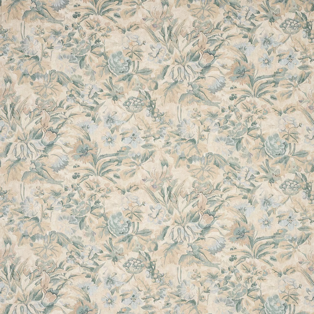 Pale blue and sage floral linen fabric on a warm ivory ground