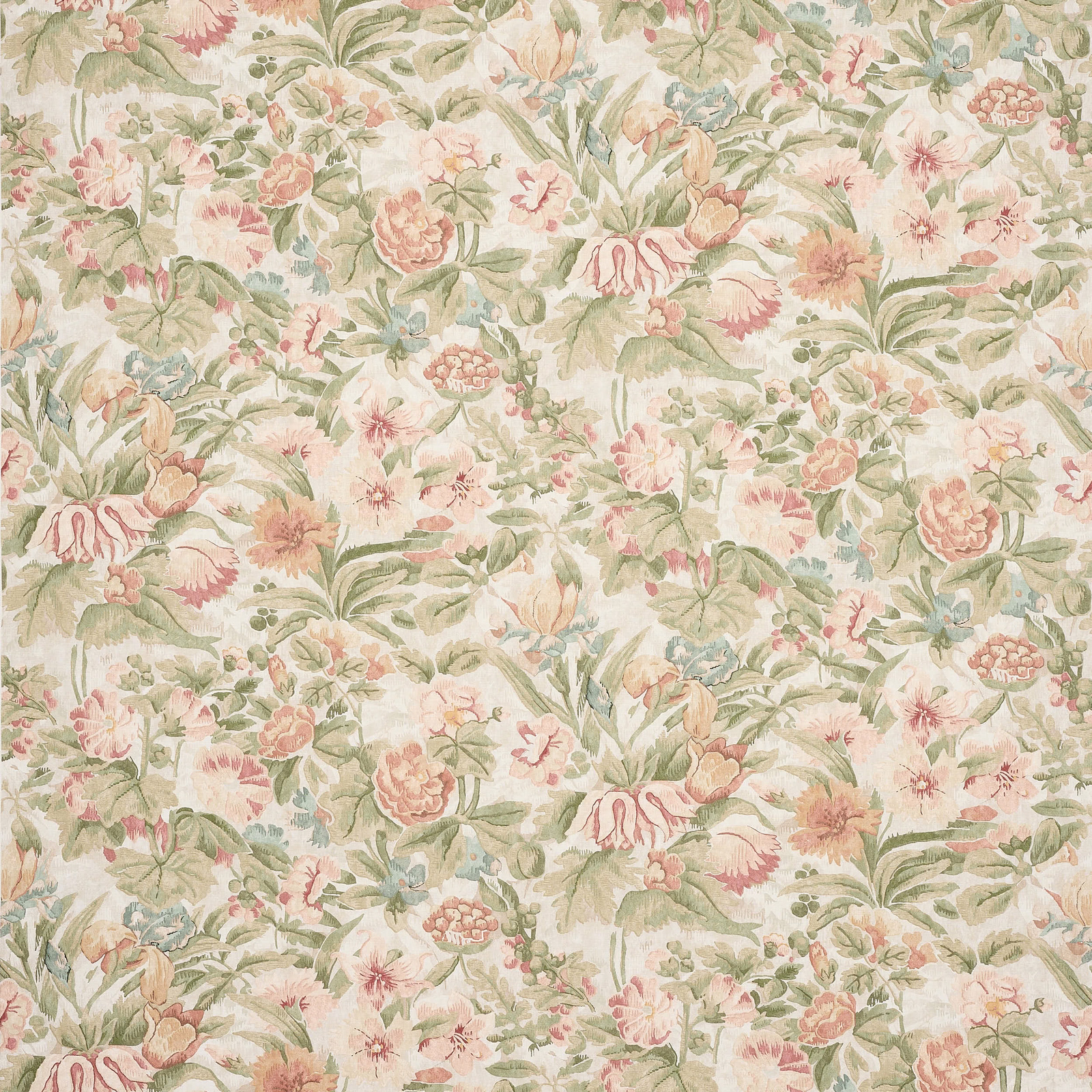 Soft sage and blush floral linen with large painterly blossoms and leafy stems