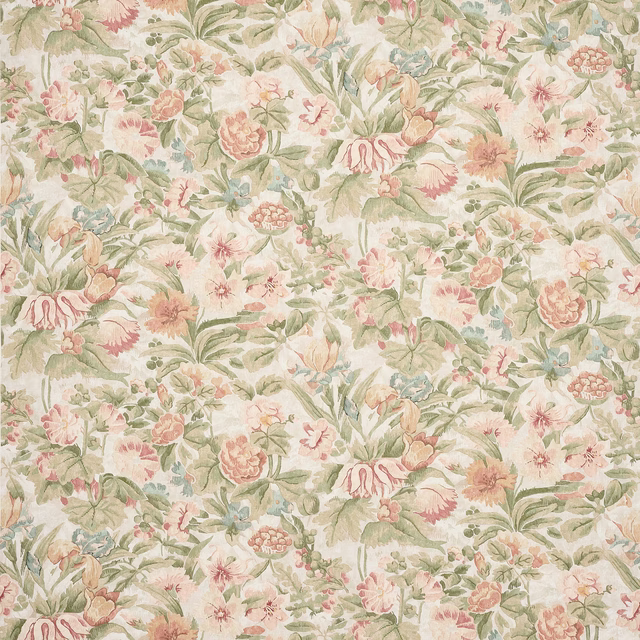 Soft sage and blush floral linen with large painterly blossoms and leafy stems