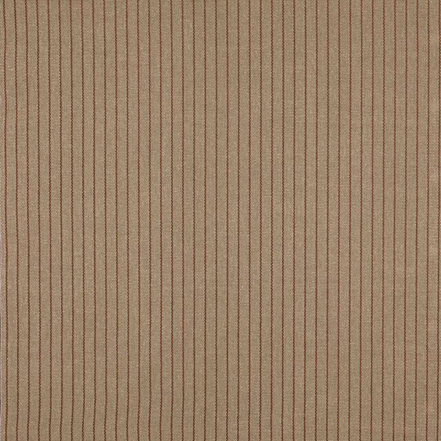 Close-up of warm beige striped fabric with fine brown vertical pinstripes