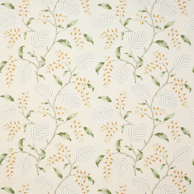 Cream linen fabric with trailing leaves and small golden blossom clusters