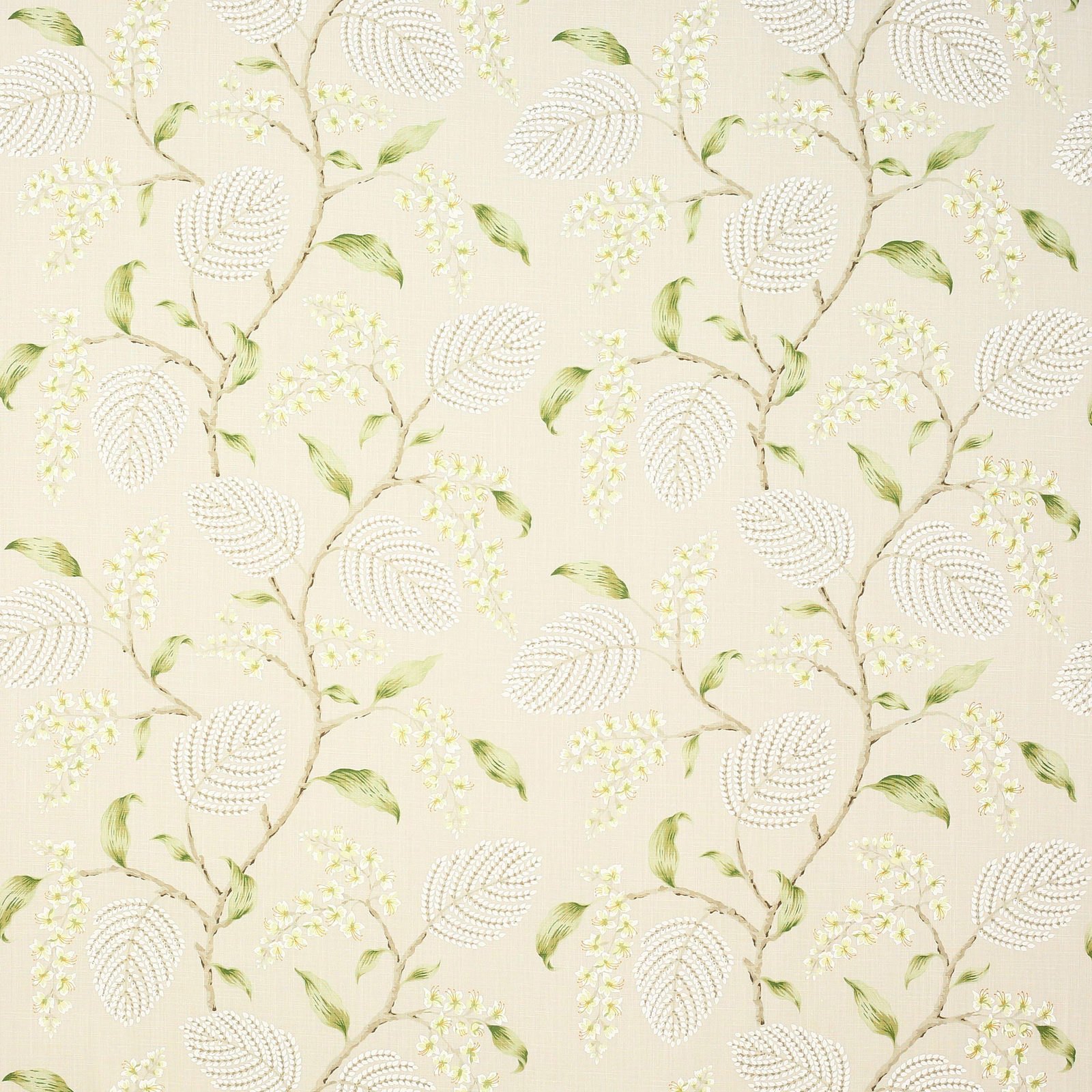Cream linen fabric with embroidered-style green leaves and tiny blossom sprays