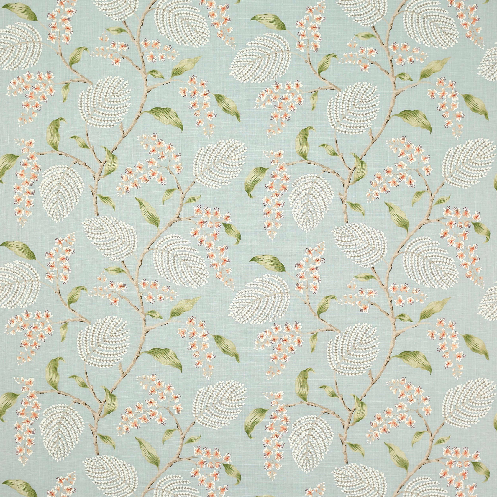 Pale blue linen fabric with trailing botanical stems, white oval leaves and peach blossoms