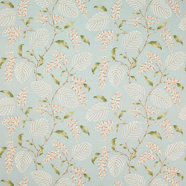 Pale blue linen fabric with trailing botanical stems, white oval leaves and peach blossoms