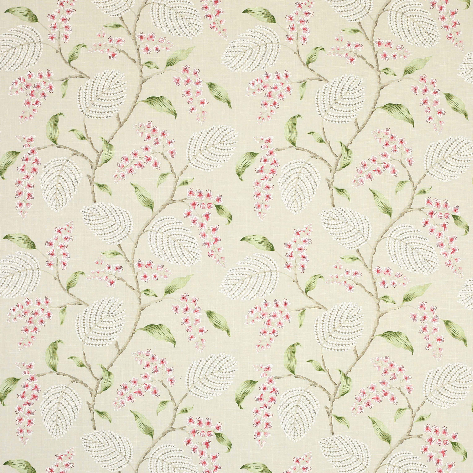 Cream linen fabric with trailing floral branches, pink blossoms and green leaves