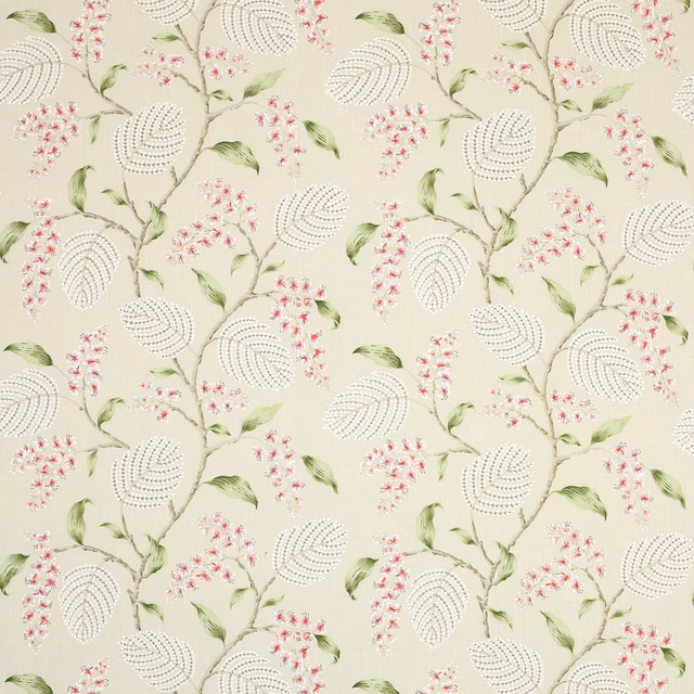 Cream linen fabric with trailing floral branches, pink blossoms and green leaves