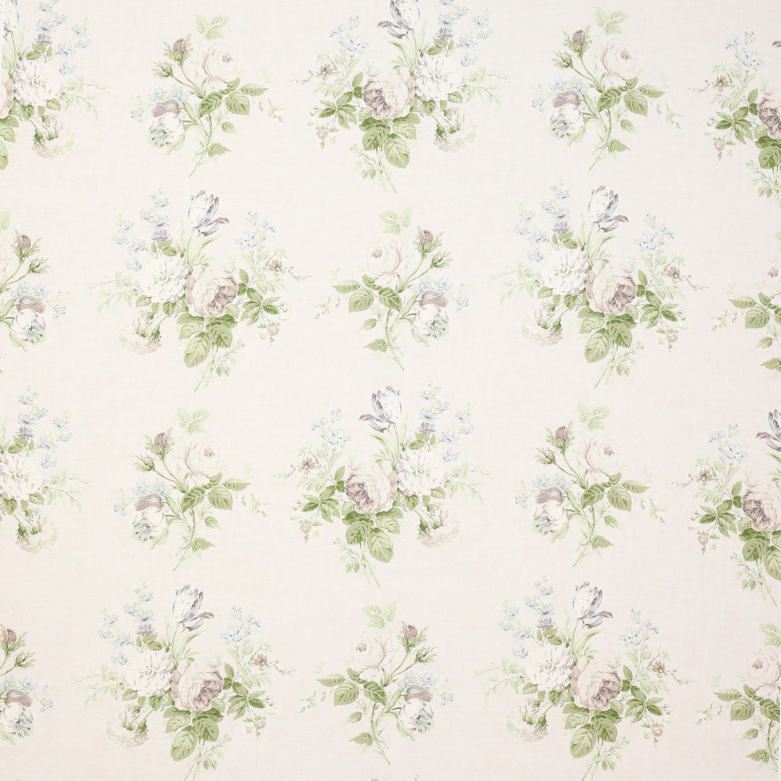 Cream linen fabric with scattered pale floral bouquets and sage green leaves