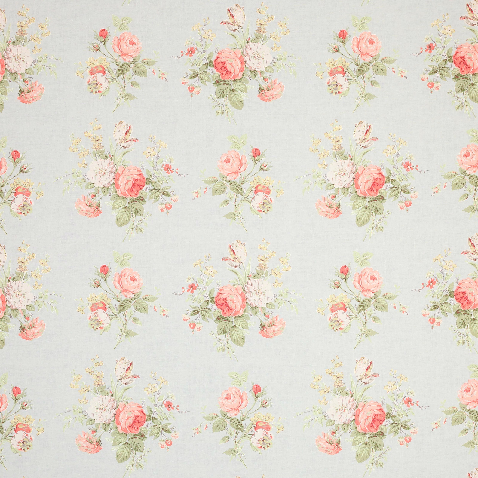 Pale blue linen floral with pink roses and soft green foliage