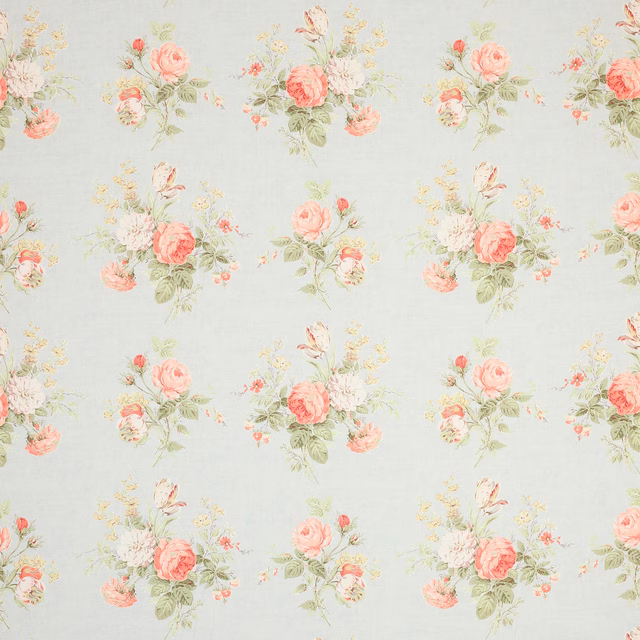 Pale blue linen floral with pink roses and soft green foliage