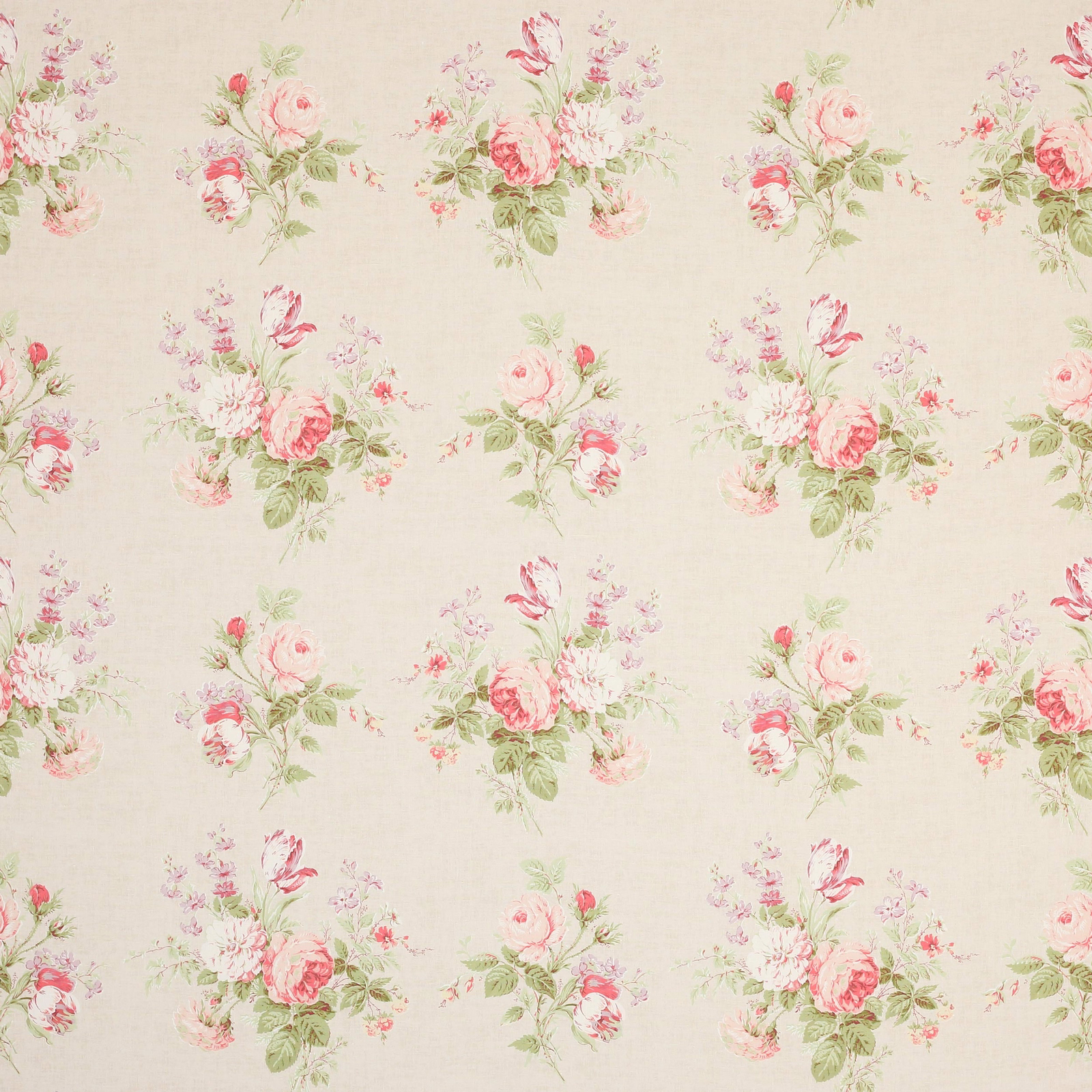 Scattered pink and green floral bouquets on a cream linen ground