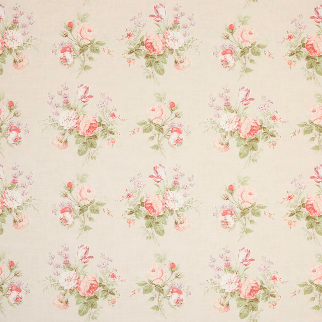 Scattered pink and green floral bouquets on a cream linen ground