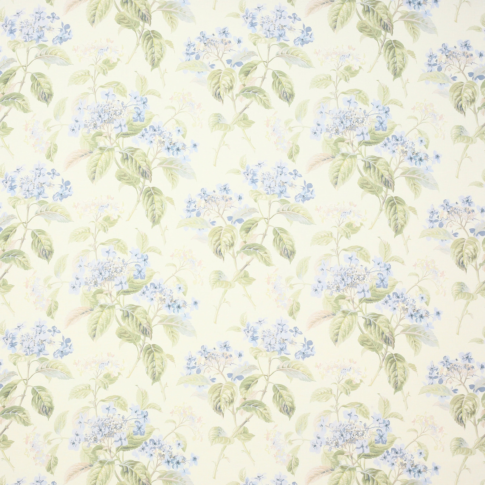 Pale blue and sage floral print on warm ivory linen swatch