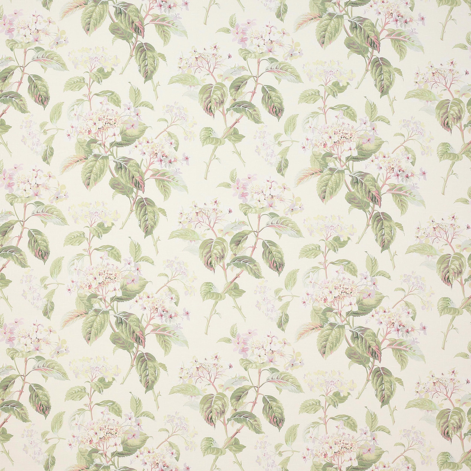 Ivory linen fabric with sage green leaves and pale pink floral clusters