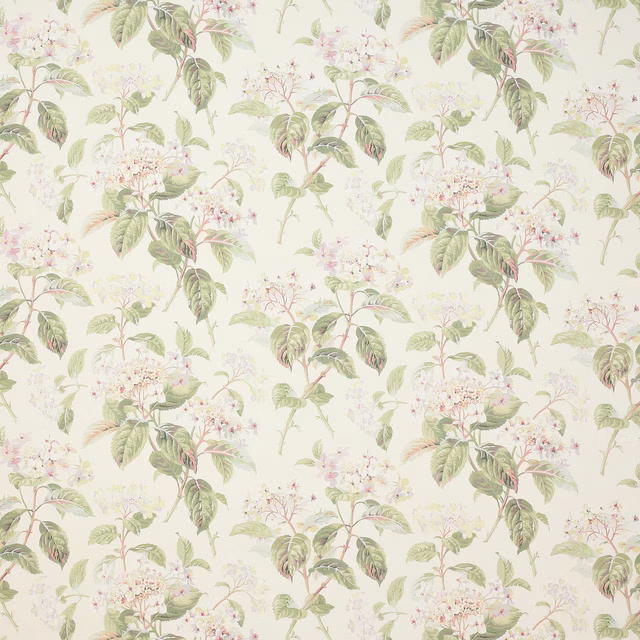 Ivory linen fabric with sage green leaves and pale pink floral clusters