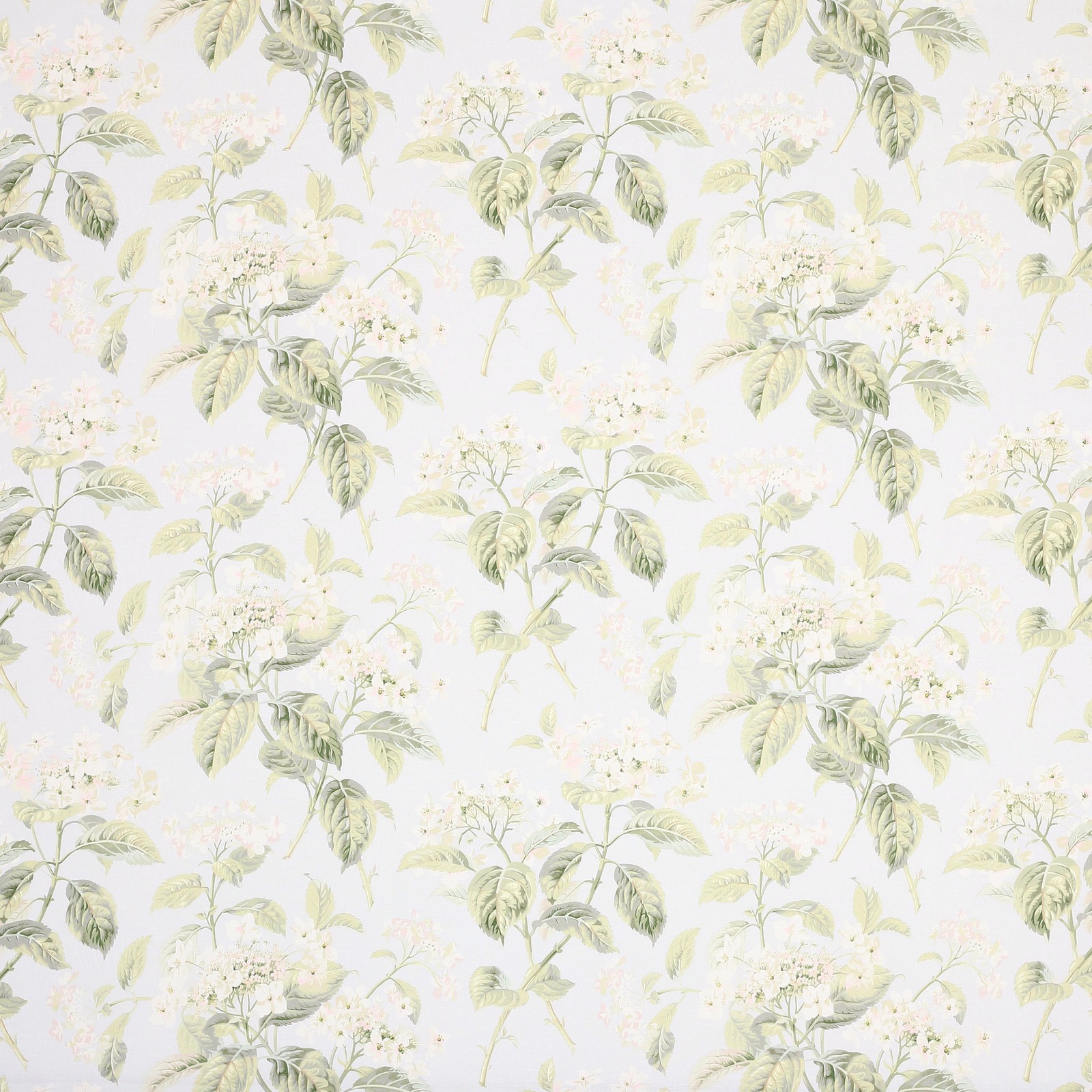 Pale old blue floral linen with soft green leaves on a light ground