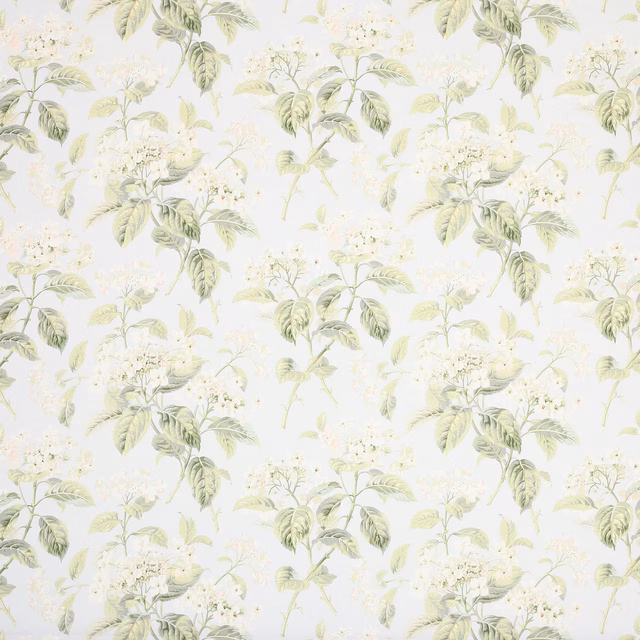 Pale old blue floral linen with soft green leaves on a light ground