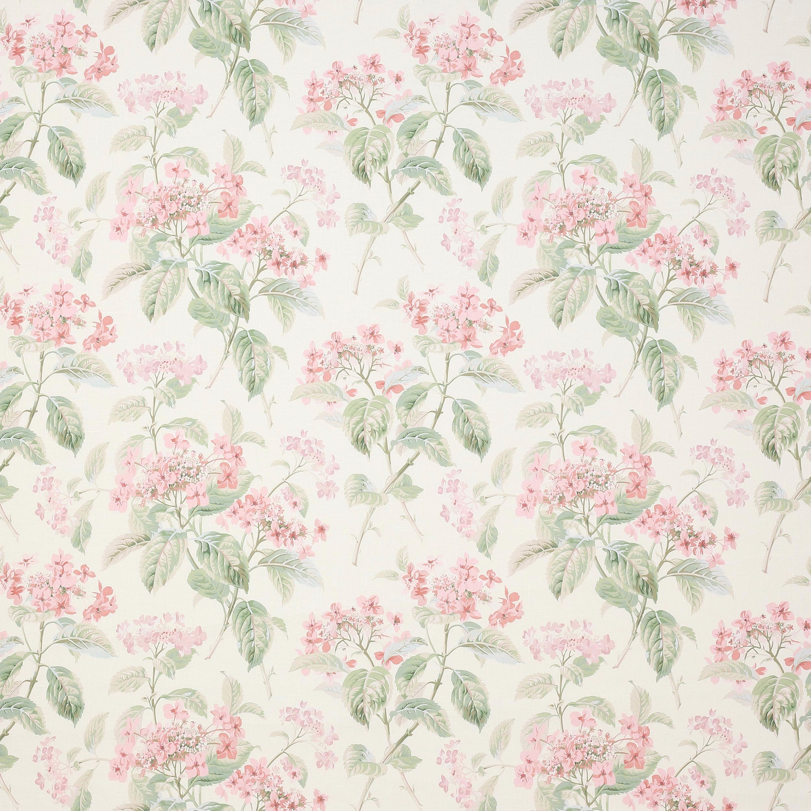 Blush pink floral sprigs with soft green leaves on a pale linen ground